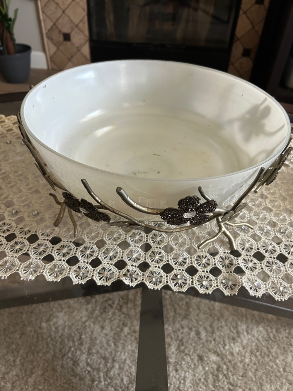 White Glass Serving Bowl with Decorative Metal Floral Stand